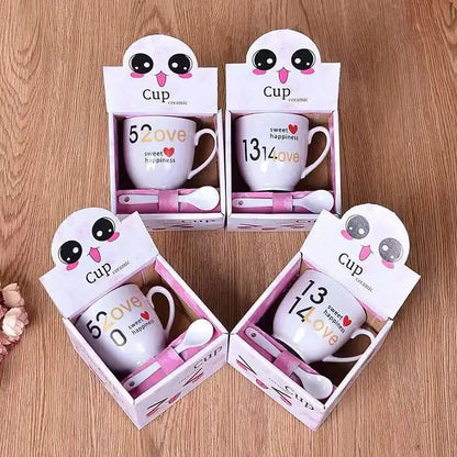 White ceramic cartoon coffee mug set with pink accents and romantic messages decorbites cartoon coffee kitchen gift
