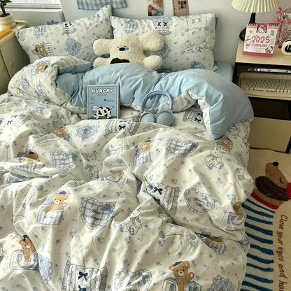Soft cream-colored cute cartoon washed cotton bedding set with teddy bears rabbits and plaid designs in blue and gray tones