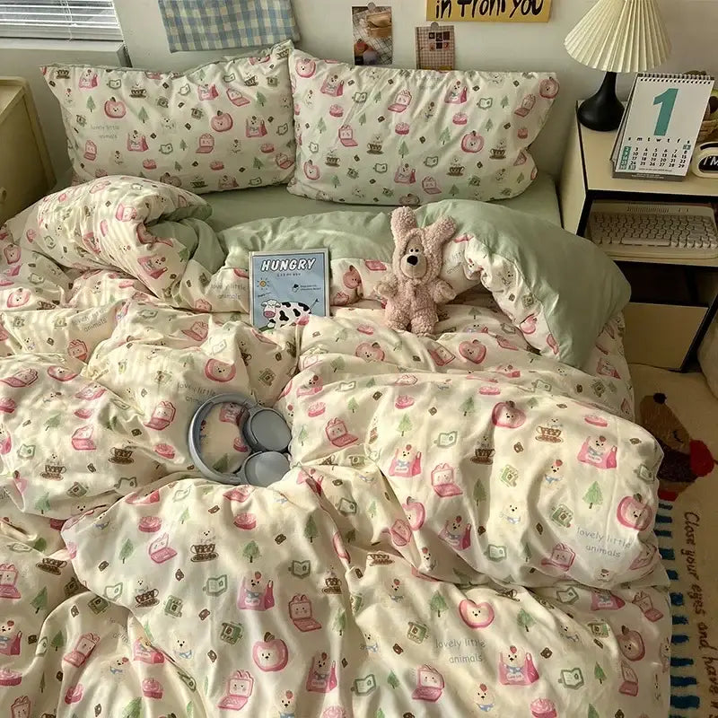 Cream-colored cute cartoon washed cotton bedding set with pink and green animals teapots and trees for bedroom use