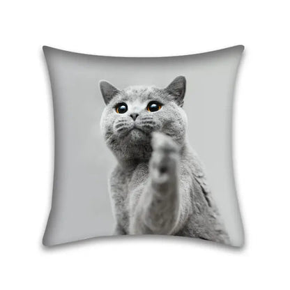 Gray british shorthair cat anime pillow case with raised paw and yellow eyes for bedroom and living room cushion