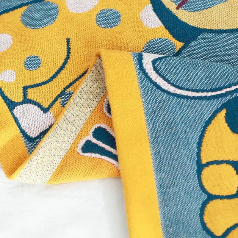 Yellow and teal polka-dotted cute cat bath towel with cartoon design knitted for bathroom use wrap