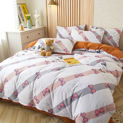 Cotton duvet bedding set with diagonal white blush pink gray stripes and coral light gray bow pattern for cute cat bear decor