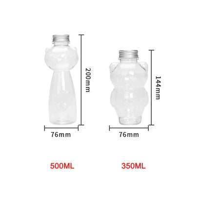 Clear plastic cute cat beverage bottles shaped like bears with silver caps in 500ml and 350ml sizes for coffee and juice