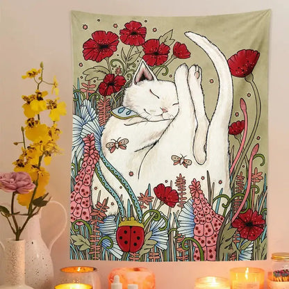 A soft olive green cream tapestry featuring a cute cat botanical flower design with white cat and red poppies for bedroom wall art