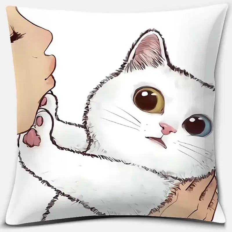 White cushion with cute cat kiss cartoon pillowcase featuring a white cat with heterochromatic eyes held gently