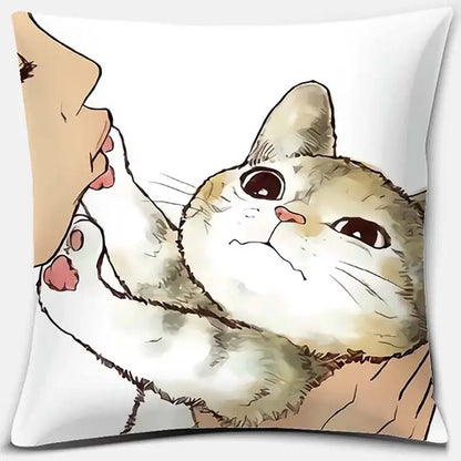 White throw pillow featuring a cute cat kiss love watercolor illustration of cream and white cat holding human hands