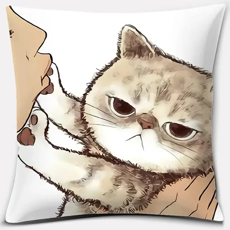 White throw pillow with cute cat kiss cartoon of an angry fluffy cream-colored cat reaching to touch a person’s face