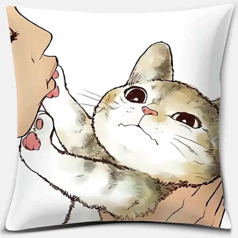 White throw pillow with a cute cat kiss watercolor illustration of a cream and white cat holding human hands for bedroom decor