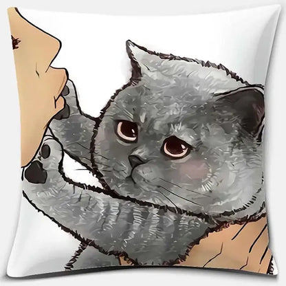 White throw pillow with cute cat kiss cartoon of gray british shorthair cat and person for bedroom decor