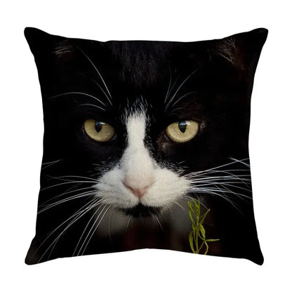 Black and white cat face pillow with striking yellow eyes cotton linen cover for cute cat sofa living room use