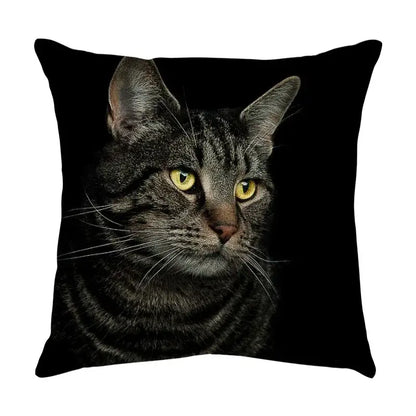 Black throw pillow with cute cat sofa cotton linen cover featuring a detailed tabby cat with yellow eyes