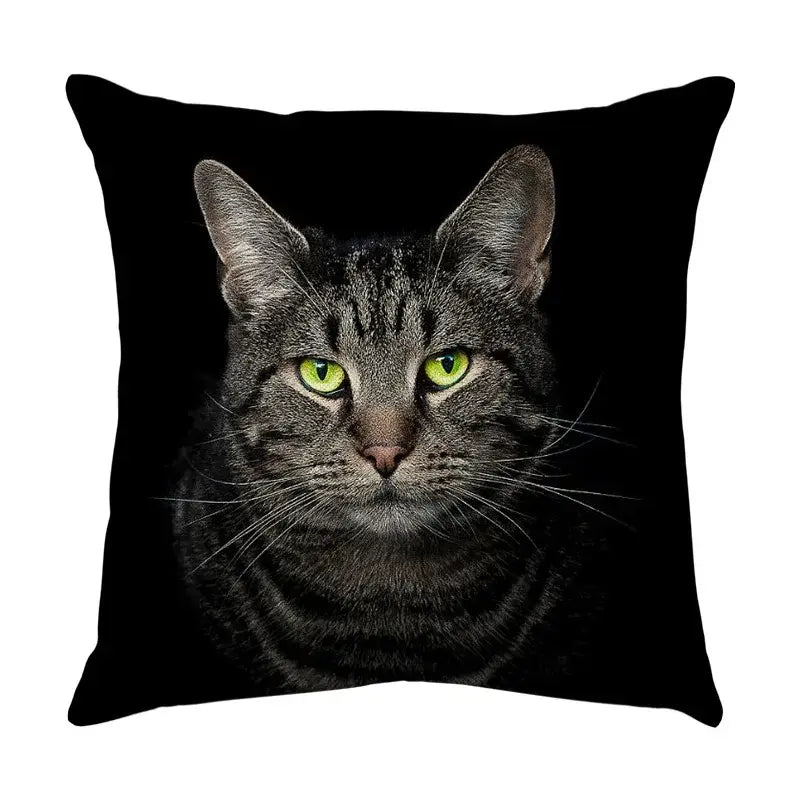 Black cute cat sofa cotton linen throw pillow featuring a detailed tabby cat print with green eyes for living room