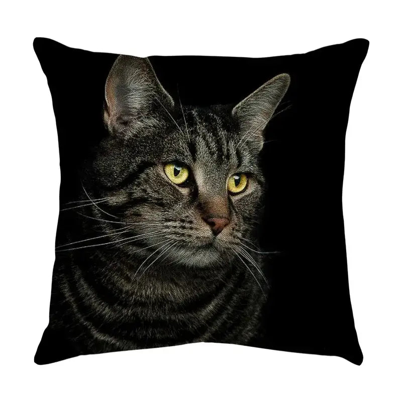 Black throw pillow featuring a detailed tabby cat print with yellow eyes made of cat sofa cotton linen for living room use