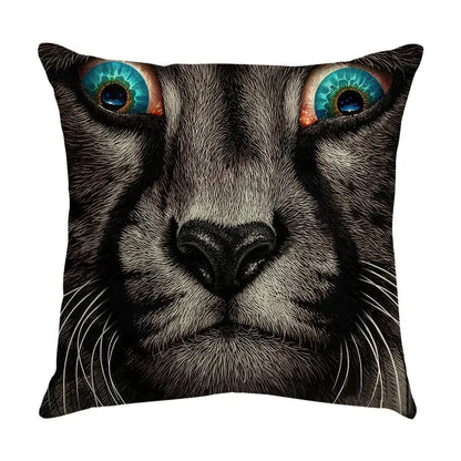 Black cute cat sofa cotton linen cushion cover featuring a detailed cat face with turquoise eyes for living room use