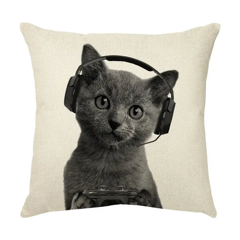 Beige cat sofa cotton linen throw pillow featuring a cute cat print with headphones and game controller design
