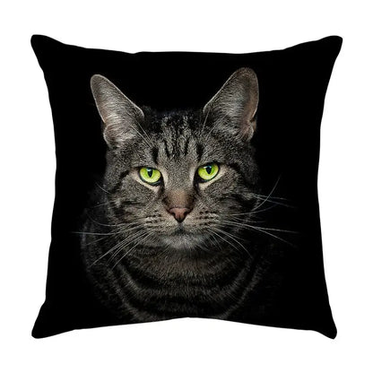 Black throw pillow featuring a detailed print of a tabby cat with green eyes on a cute cat sofa cotton linen cover