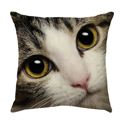 Square cute cat sofa cotton linen cushion cover with close-up tabby cat face and yellow eyes for living room pillow