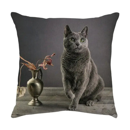 Gray russian blue cat sofa cotton linen cushion cover with printed feline beside antique vase on wooden surface