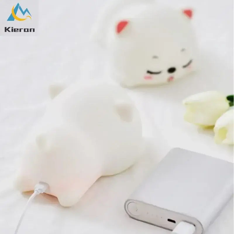 Cute cream cat silicone led night light in white plush with pink ears and cheeks for bedroom decorbites cat silicone use