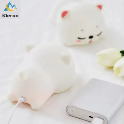 Cute cream cat silicone led night light in white plush with pink ears and cheeks soft texture for decorbites cat silicone decor