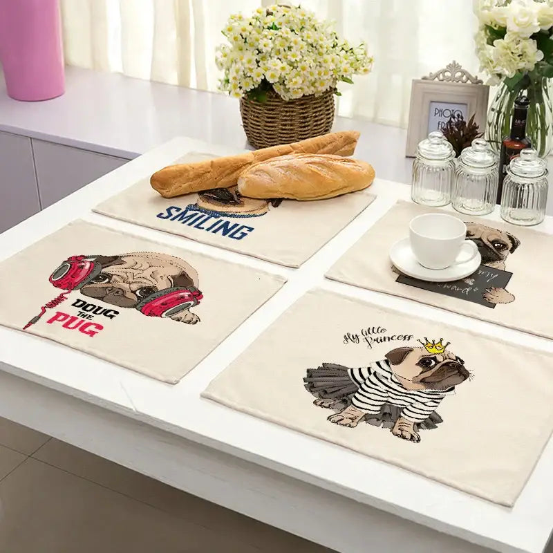 Beige cute dog linen placemats set of 6 with embroidered pug designs featuring text and accessories for dog linen dining