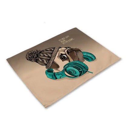 Beige cute dog linen dining placemat set of 6 with cartoon pug wearing beanie and teal headphones decorbites cute dog
