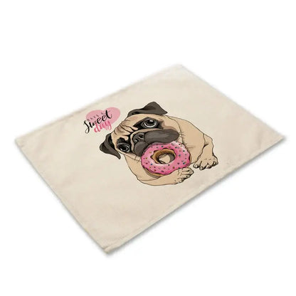Beige canvas cute dog linen placemat featuring a cartoon pug with pink donut and have sweet day heart decorbites dog linen dining