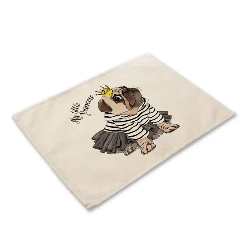 Beige canvas dog linen dining placemat featuring cute dog linen pug princess illustration with yellow crown decorbites