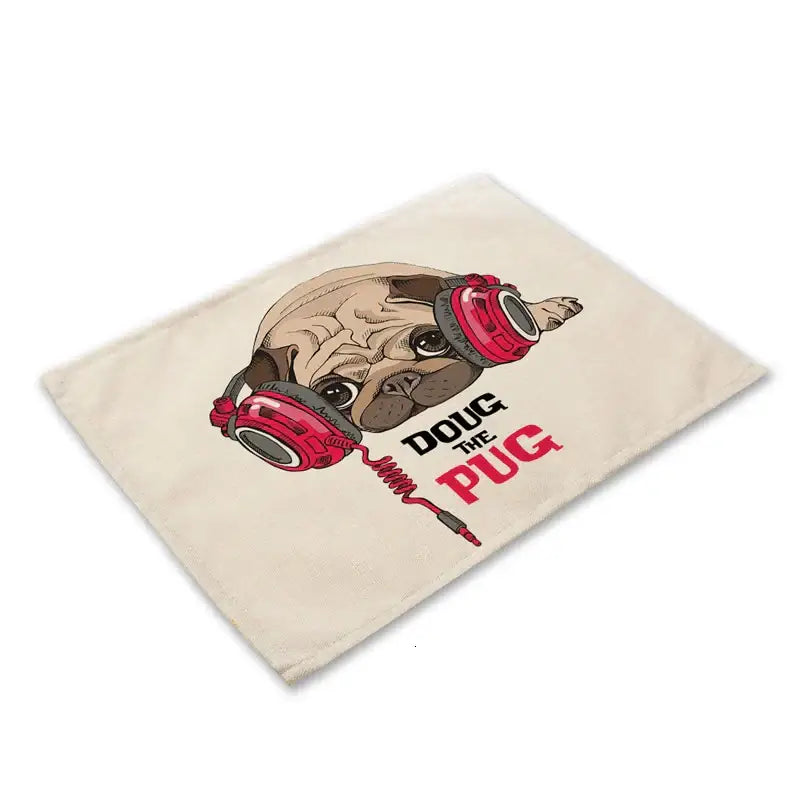 Beige canvas cute dog linen placemat featuring a cartoon pug with red headphones for dog linen dining decorbites