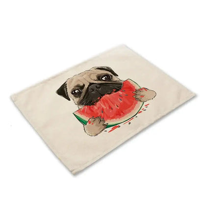 Beige canvas placemat featuring a cartoon pug happily eating watermelon from decorbites cute dog linen dining set