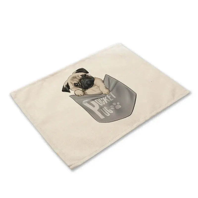 Beige canvas dog linen dining placemat with cute dog linen pug illustration and pocket pug text by decorbites cute dog