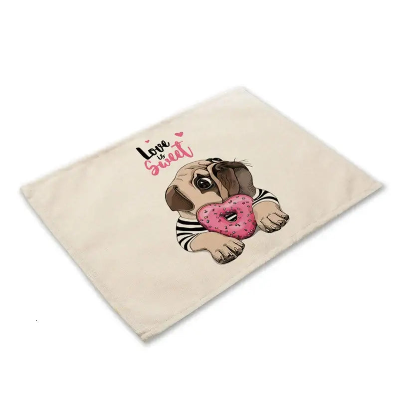 Beige canvas dog linen dining placemat featuring a cartoon pug holding a heart donut with love is sweet text for decorbites cute dog