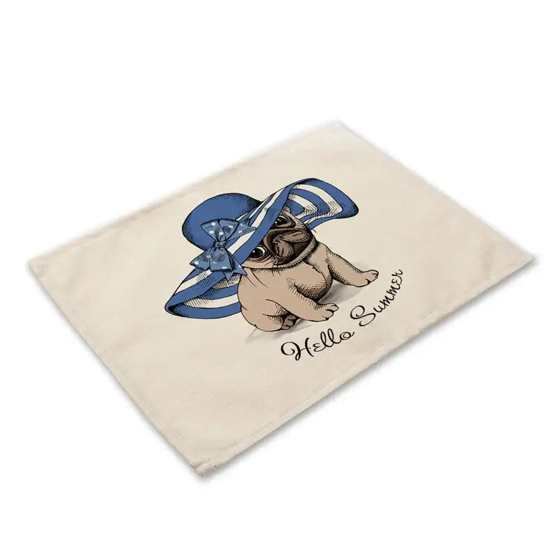 Beige canvas cute dog linen placemat featuring a pug illustration with a blue striped hat and hello summer text for dog linen dining