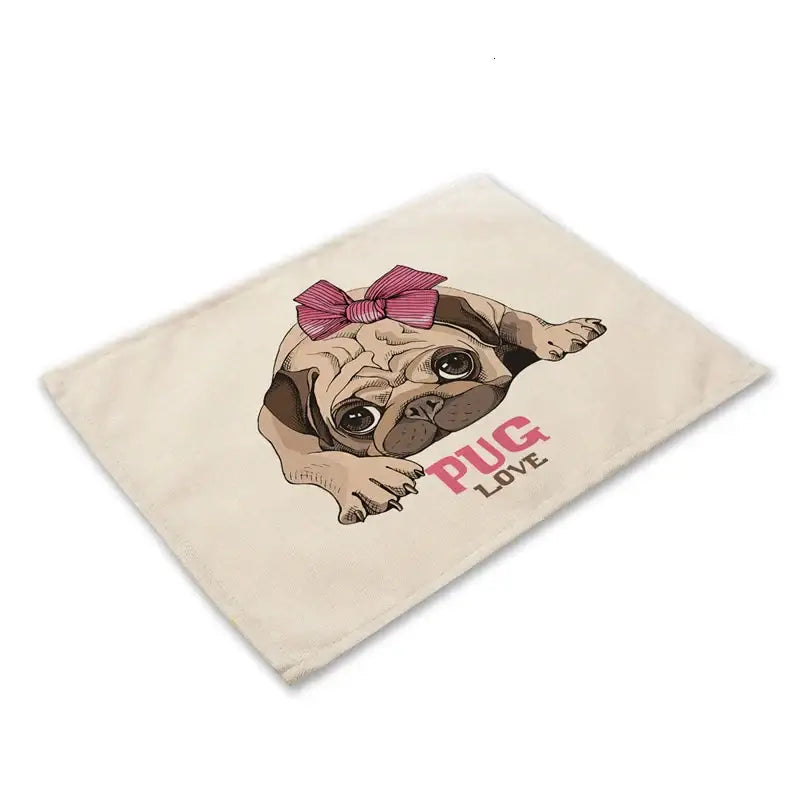 Beige canvas dog linen dining mat featuring a cartoon pug with a pink bow and pug love text from decorbites cute dog set