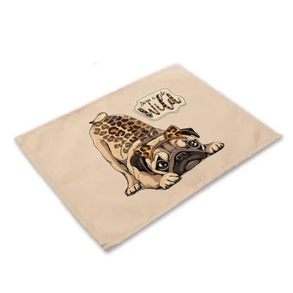 Beige canvas cute dog linen placemat featuring cartoon pug with leopard print and dare to be wild phrase dog linen dining decorbites