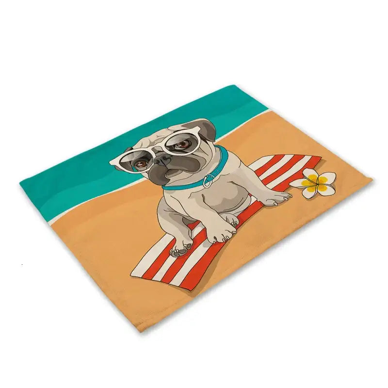 Beige pug with white sunglasses on red and white striped towel in cute dog linen dining mats by decorbites