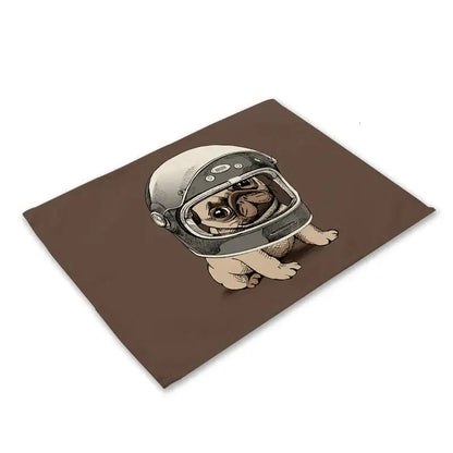 Brown rectangular linen dining mat featuring a pug cartoon in an astronaut helmet from decorbites cute dog set