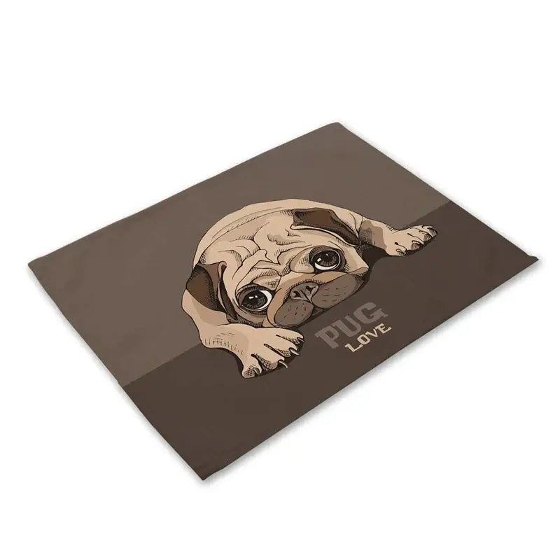 Brown rectangular cute dog linen dining mat featuring a cartoon pug with pug love text from decorbites cute dog set