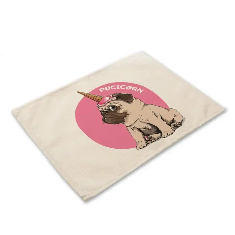 Cream-colored canvas dog linen dining placemat with cartoon pugicorn design for decorbites cute dog set of 6