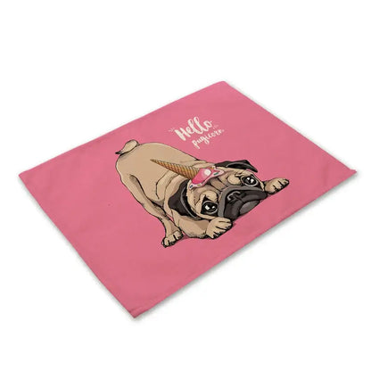 Pink rectangular placemat featuring a cartoon pug with black ears wearing an ice cream cone hat for decorbites cute dog linen dining mats