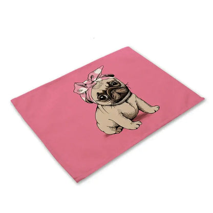 Pink rectangular cloth napkin with a cartoon pug wearing a pink bow from decorbites cute dog linen dining mats set of 6