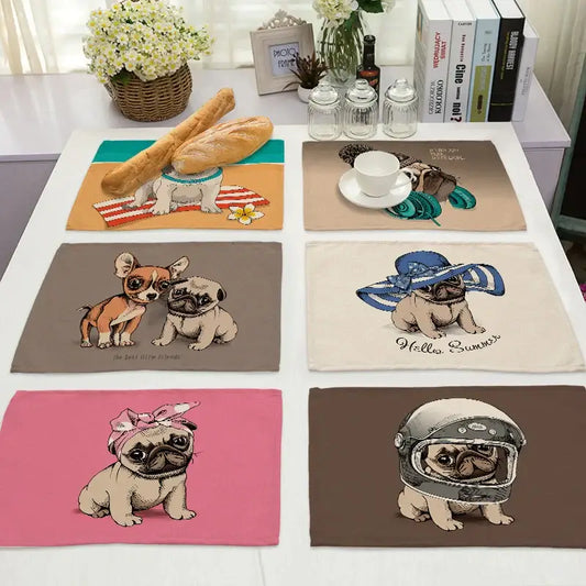 Set of six colorful cute dog linen dining mats featuring pug illustrations in various outfits and poses by decorbites