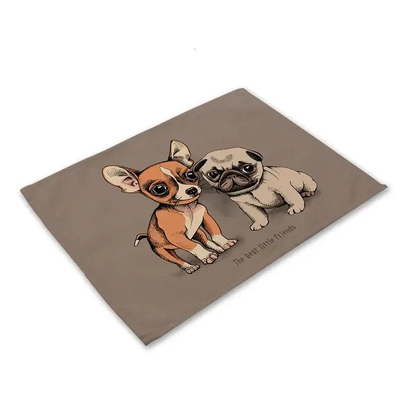 A soft gray cute dog linen placemat with two cartoon puppies for dog linen dining by decorbites cute dog set of 6