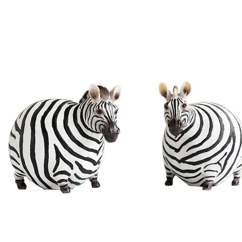 Two chubby black and white striped cute fat zebra resin figurines with detailed faces for living room decorbites decor