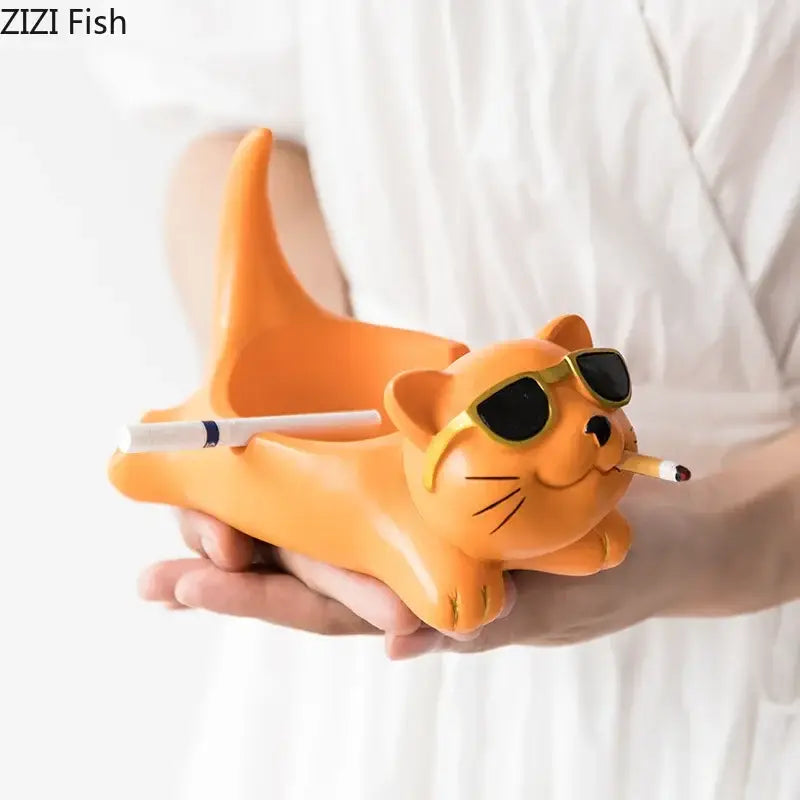 Orange resin cute glasses cat ashtray with sunglasses and cigarette designed by zizi fish for living room decor