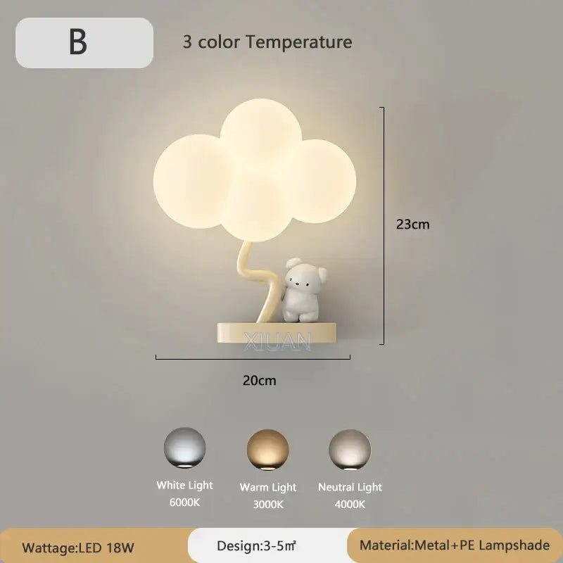 Cute monkey tree wall lamp with cloud shape led light and bear figurine base in metal and pe lampshade by decorbites wall lamp