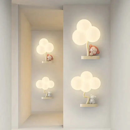 Cute monkey tree wall lamp with cloud shape soft white light and wooden base featuring adorable animal figurines decorbites cloud shape