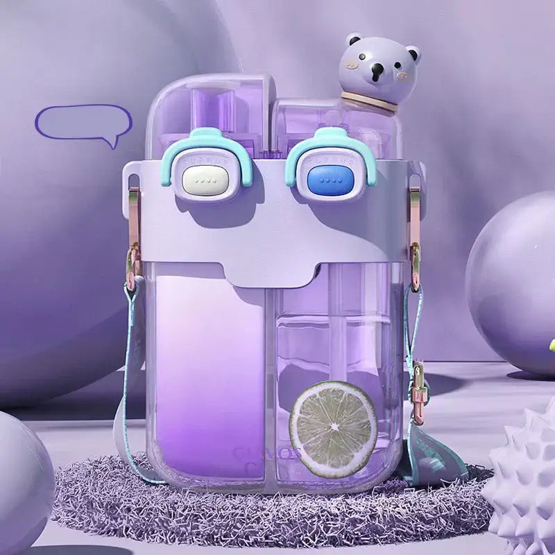 Purple gradient plastic double-bin sippy cup with light blue white accents and cute bear face design for kids