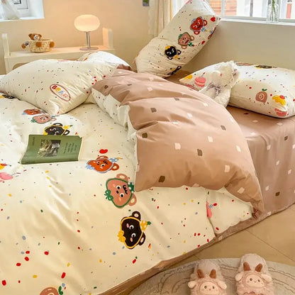 Cute beige and white cartoon-themed decorbites cotton floral bedding set with playful bear faces and colorful confetti patterns