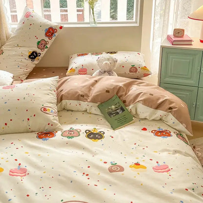 Cute pastel bear cotton bedding set with playful cartoon bear and dessert prints on cream decorbites cotton floral print fabric
